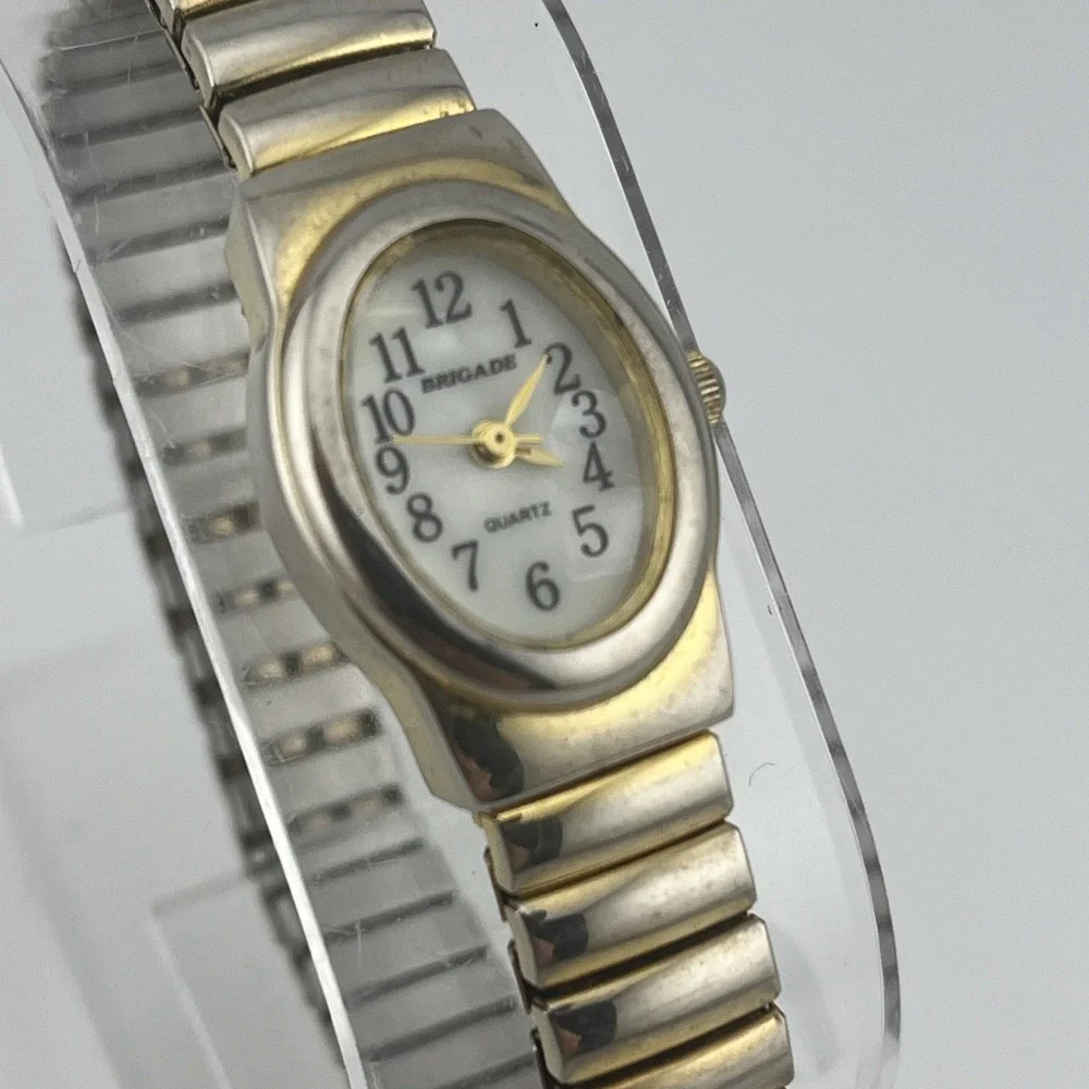 Vintage Brigade Watch Women 18mm Gold Case Pearl Dial Stretch Band- New Battery